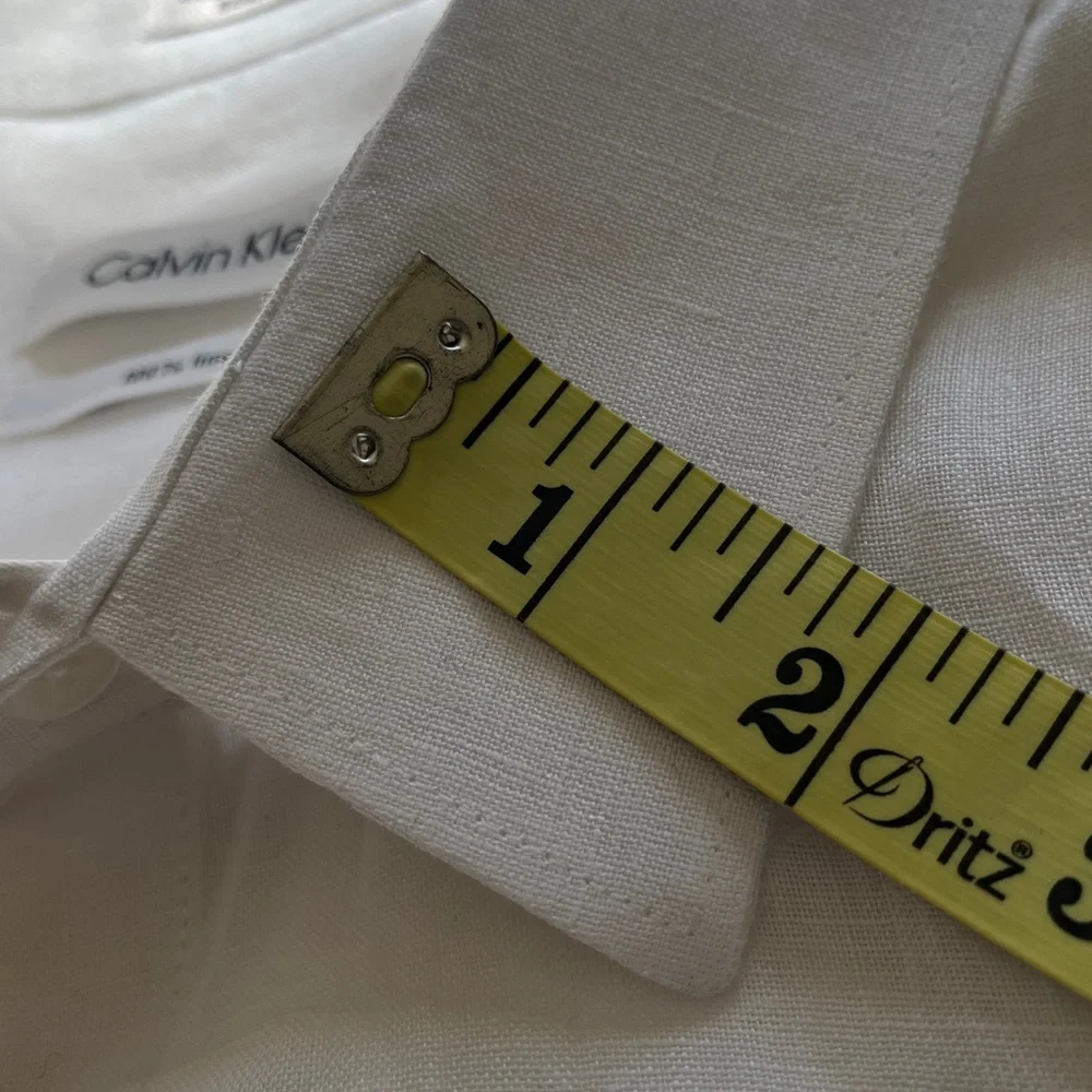 Calvin Klein Linen Shirt‎ Men’s Large White Roll Tab Sleeves Resort Quiet Luxury